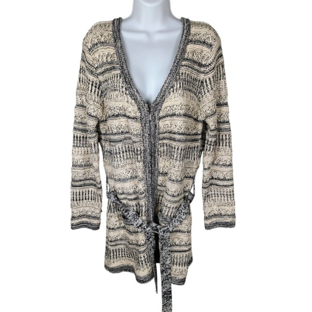 Yuka Womens T4 Zip Up Belted Longline Cardigan‎ Sweater Black Cream Space Dye